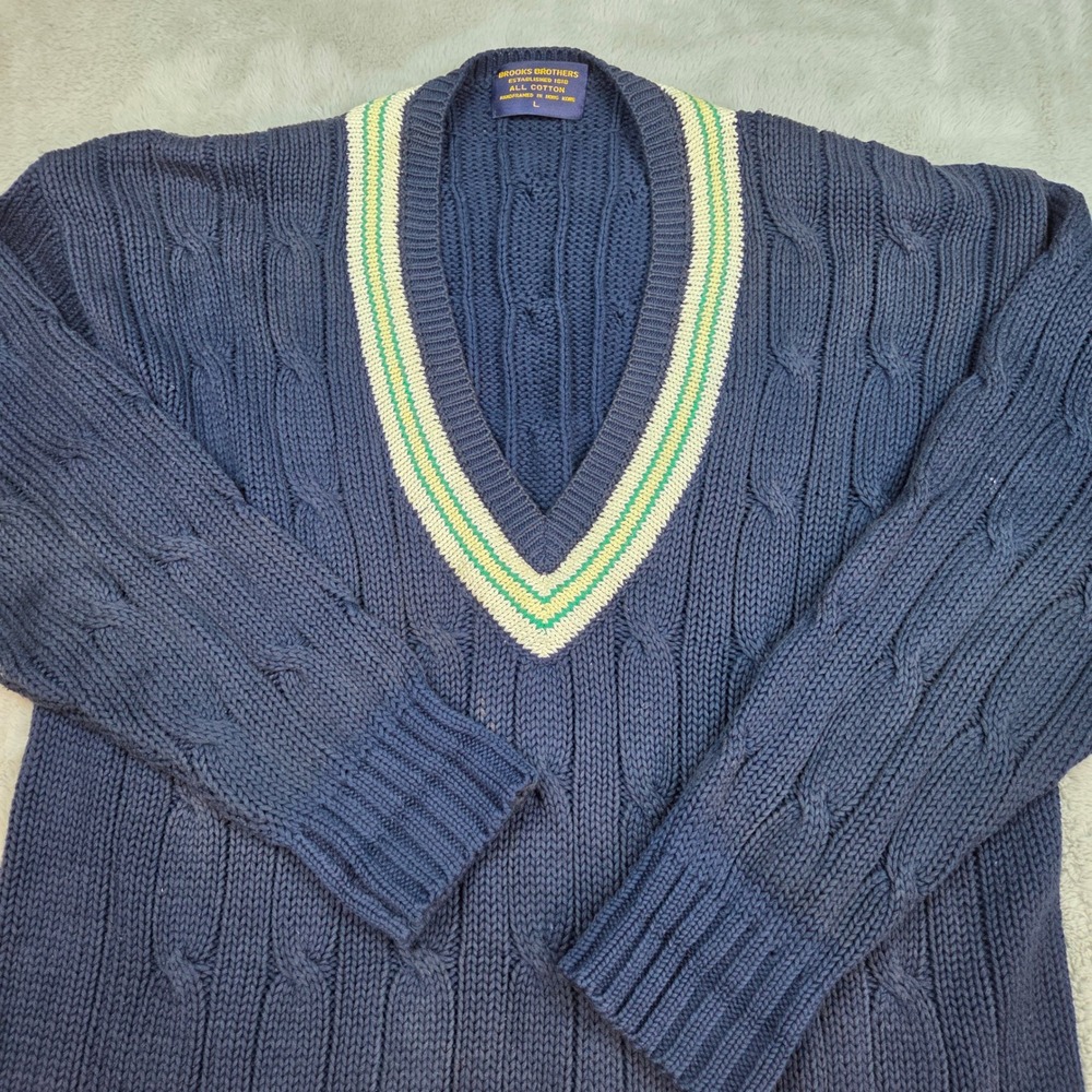 VTG Brooks Brothers Cricket Sweater Mens L Cable Knit V-Neck Tennis Striped Trim